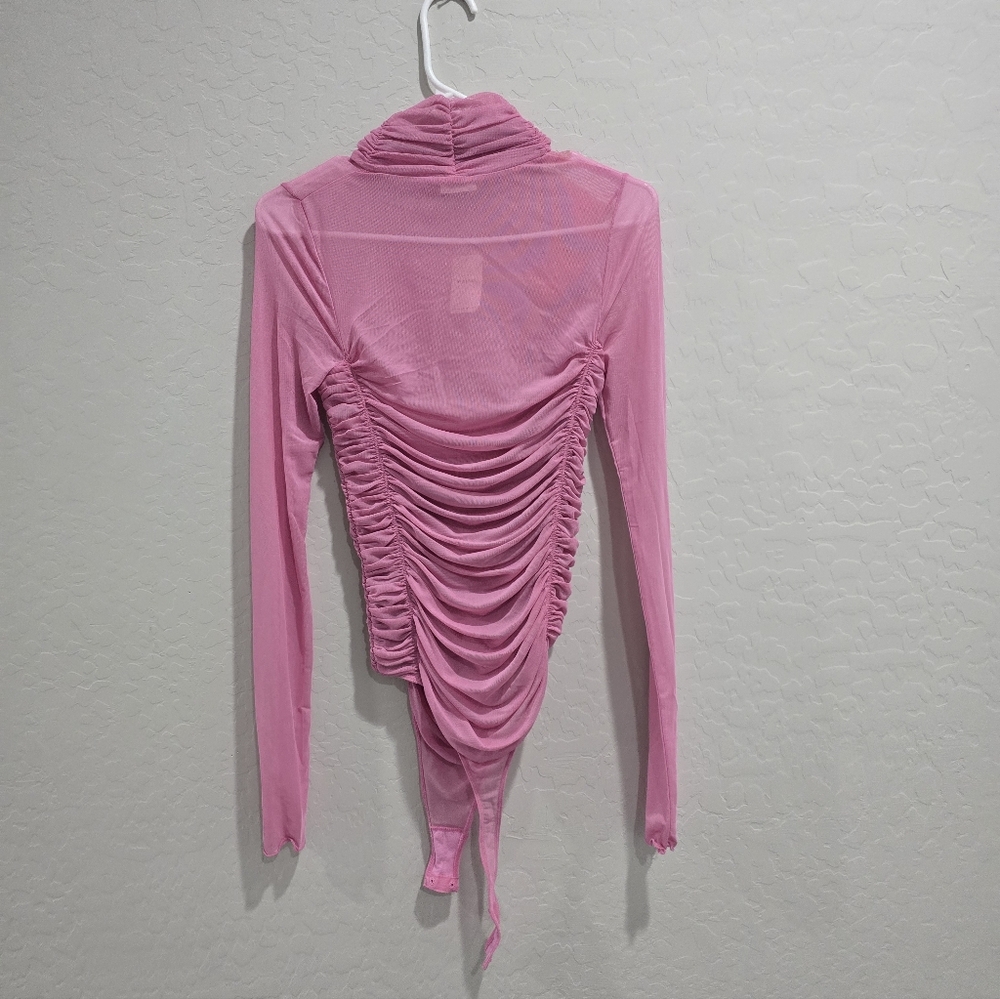 Free People Under It All Long Sleeve Ruched Mesh Bodysuit Pink Tint - Picture 5 of 8